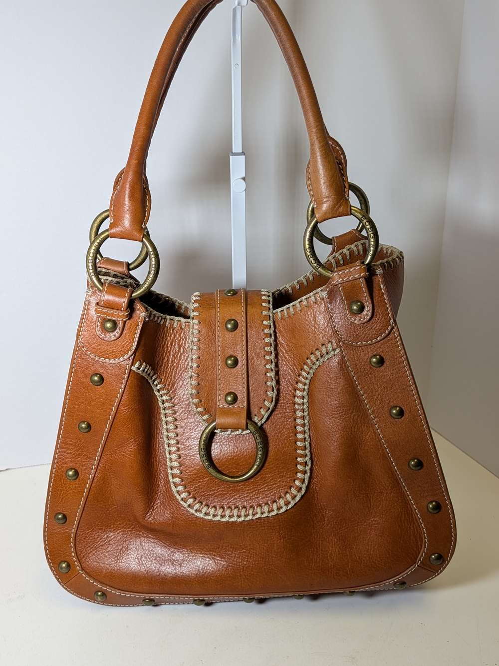 BCBGirls Cognac Brown Leather Shoulder Bag with Ring Hardware